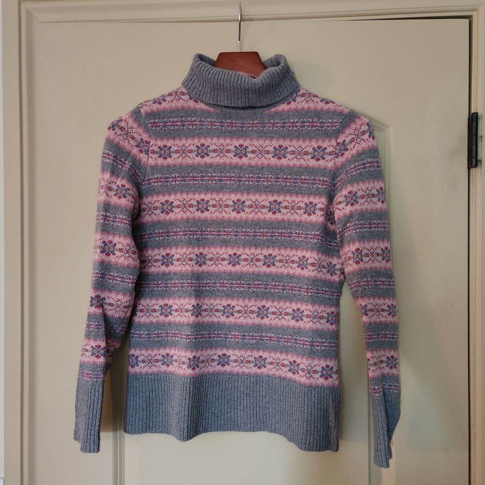Garnet Hill Cashmere/Wool Turtleneck Fair Isle Sweater - Pink/Gray - Size XS